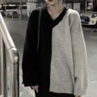 Two Tone V-neck Sweater Dark Gray - One Size