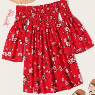 Floral Print Off-shoulder Shirred A-line Dress