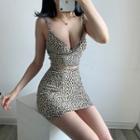 Spaghetti Strap Leopard Print Plunge-neck Top / Fitted Mini Skirt