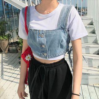 Short-sleeve Cropped T-shirt / Button-up Denim Cropped Vest
