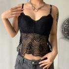 Lace-panel Crop Camisole Top Black - One Size