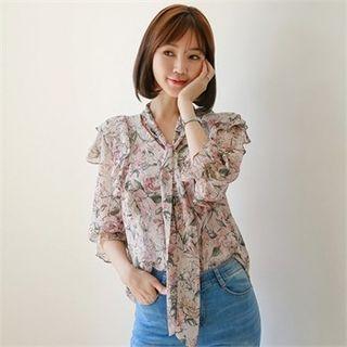 Riffle-trim Floral Print Blouse