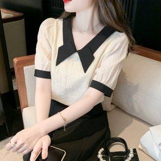 Puff-sleeve Contrast Trim Bow Blouse