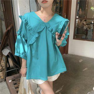 3/4 Sleeve Ruffle Trim Blouse Aqua Blue - One Size