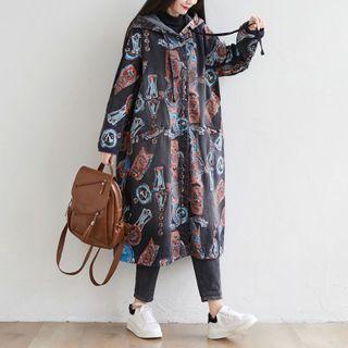 Long Graphic Print Hooded Denim Jacket Black - One Size