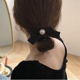 Faux Pearl Bow Hair Tie Bow - Black - One Size