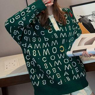 Contrast Collar Lettering Knit Polo Shirt
