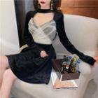 Mesh Panel Bow Back Long-sleeve A-line Dress