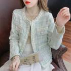 Faux Pearl Trim Open-front Tweed Jacket