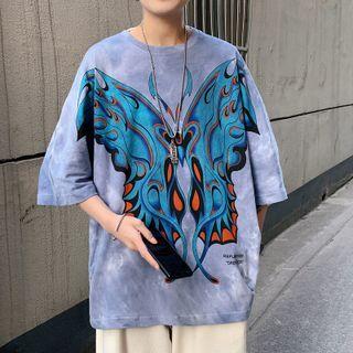 Elbow-sleeve Butterfly Print Tie-dye T-shirt