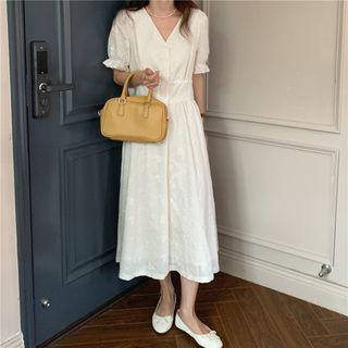 Short-sleeve Flower Embroidered Midi Sundress Almond - One Size