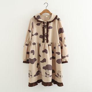 Ruffle Trim Printed Long-sleeve Collared Dress