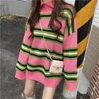 Collared Striped Sweater Stripe - Pink - One Size