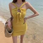 Halter Bow Accent Mini Sheath Dress Yellow - One Size