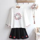 Embroidered Hoodie / Heart Trim A-line Mini Skirt / Set