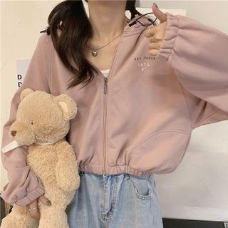 Lettering Drawstring Hooded Cropped Zip Jacket