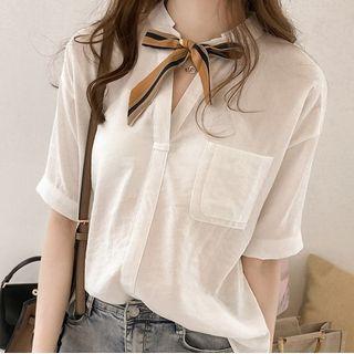 Front Pocket Tie-neck Short-sleeve Blouse