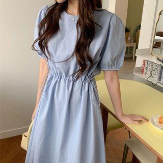 Puff-sleeve Drawstring Midi A-line Dress Blue - One Size