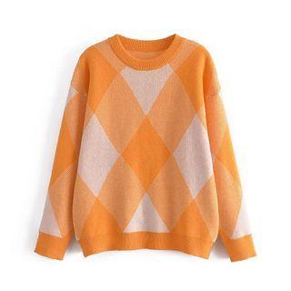 Long Sleeve Argyle Print Loose-fit Sweater