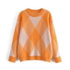 Long Sleeve Argyle Print Loose-fit Sweater