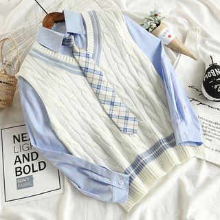 Shirt With Tie / Cable Knit Vest