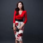 Set: Long-sleeve Plain Top + Printed Pencil-cut Skirt