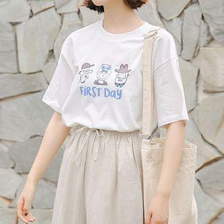 Set: Printed Short-sleeve T-shirt + Crop Wide Leg Pants