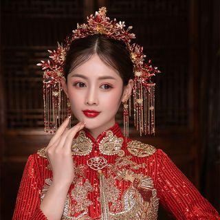 Set: Retro Wedding Hair Comb + Hair Stick + Fringed Earring Set - Red & Gold - One Size