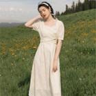 Puff-sleeve Shirred Frog Buttoned Midi A-line Dress