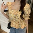 Balloon-sleeve Floral Print Blouse Yellow - One Size