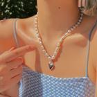Heart Pendant Faux Pearl Choker 1 Piece - Necklace - Love Heart - White & Silver - One Size
