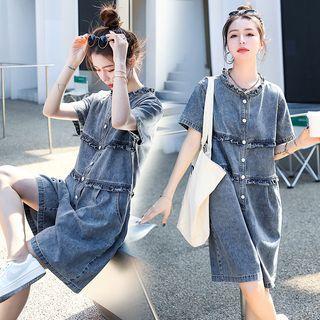 Short-sleeve Washed A-line Denim Dress