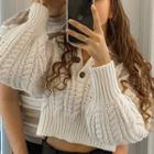 V Neck Cable Knit Cropped Sweater White - Free