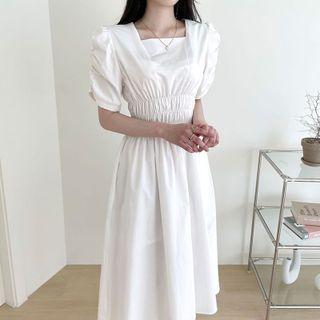 Puff Sleeve Square Neck Smoked Dress White - One Size