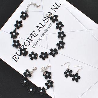 Faux Pearl Floral Lace Choker / Bracelet / Earring / Set