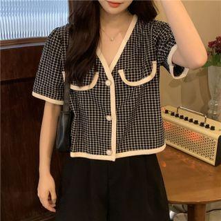 V-neck Pocket Plaid Cardigan