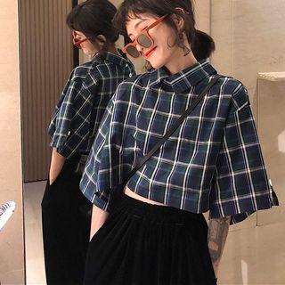 Cropped Short Sleeve Plaid Shirt Bluish Green - One Size