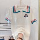 Short-sleeve Embroidered Polo Knit Top White - One Size