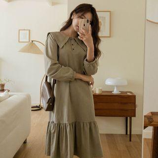 Sailor-collar Shirred Midi Dress