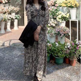 Long-sleeve V-neck Floral Ruffle Trim Chiffon Midi Dress