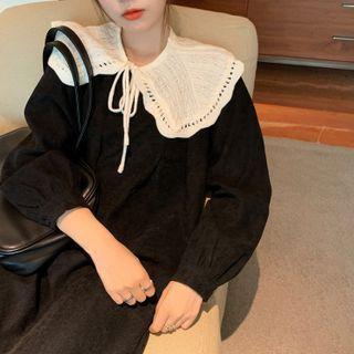Knit Collar Long-sleeve Midi Shift Dress Black - One Size