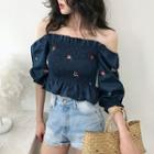 3/4-sleeve Embroidered Frill Trim Cropped Top