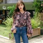 Tie-neck Pleated-sleeve Frilled Floral Blouse