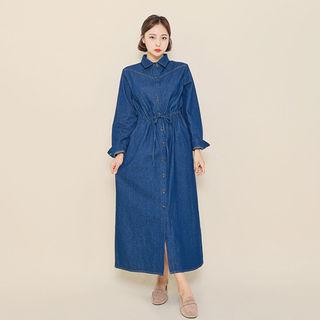 Drawstring-waist Denim Long Dress With Sash