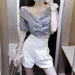 Plaid Short-sleeve Blouse / High-waist Shorts / Set