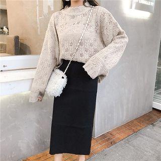 Set: Mock-neck Sweater + Back Slit Midi Knit Skirt Almond - One Size