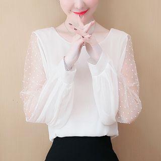 Long-sleeve Mesh Paneled Ribbon Back Chiffon Blouse