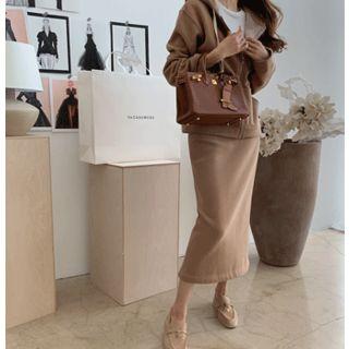 Set: Fleece-lined Hoodie + Band-waist Long Skirt