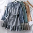 Set: Lace-collar Plain Shirt + Mini Dress With Belt