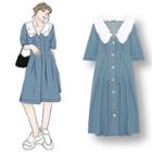 Contrast Collar Denim Short-sleeve Button Midi A-line Dress